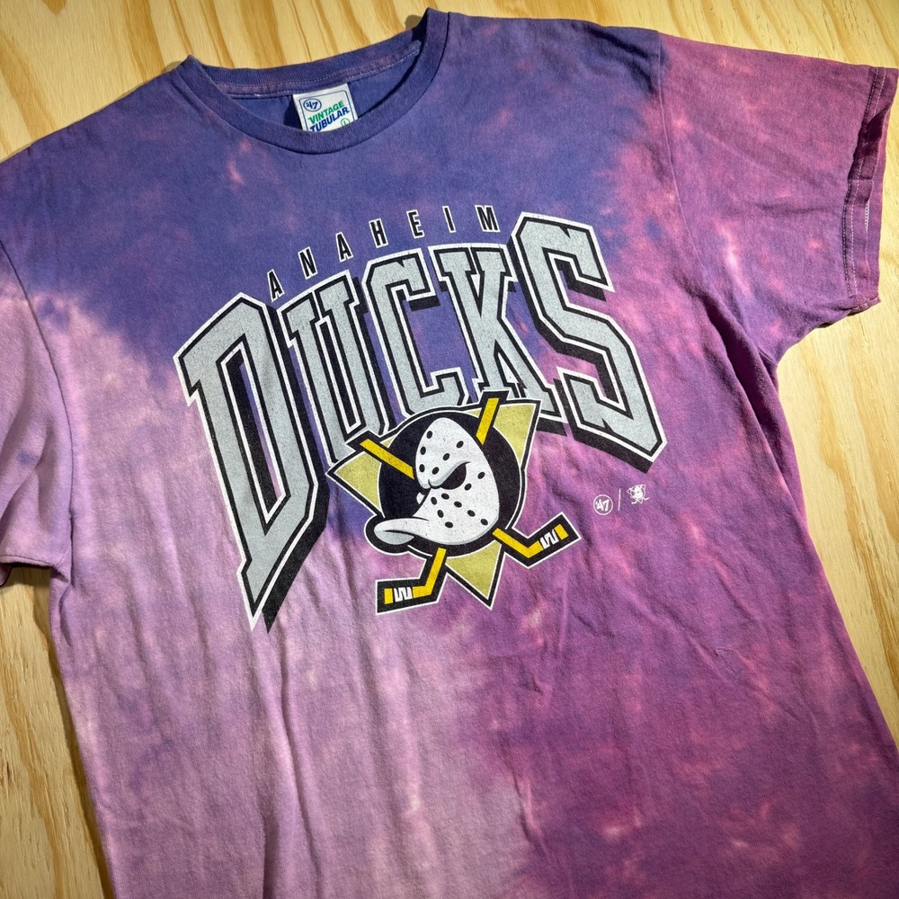 47 Brand Anaheim Ducks Tie Dye Graphic T-Shirt Purple Vintage Tubular Size Large